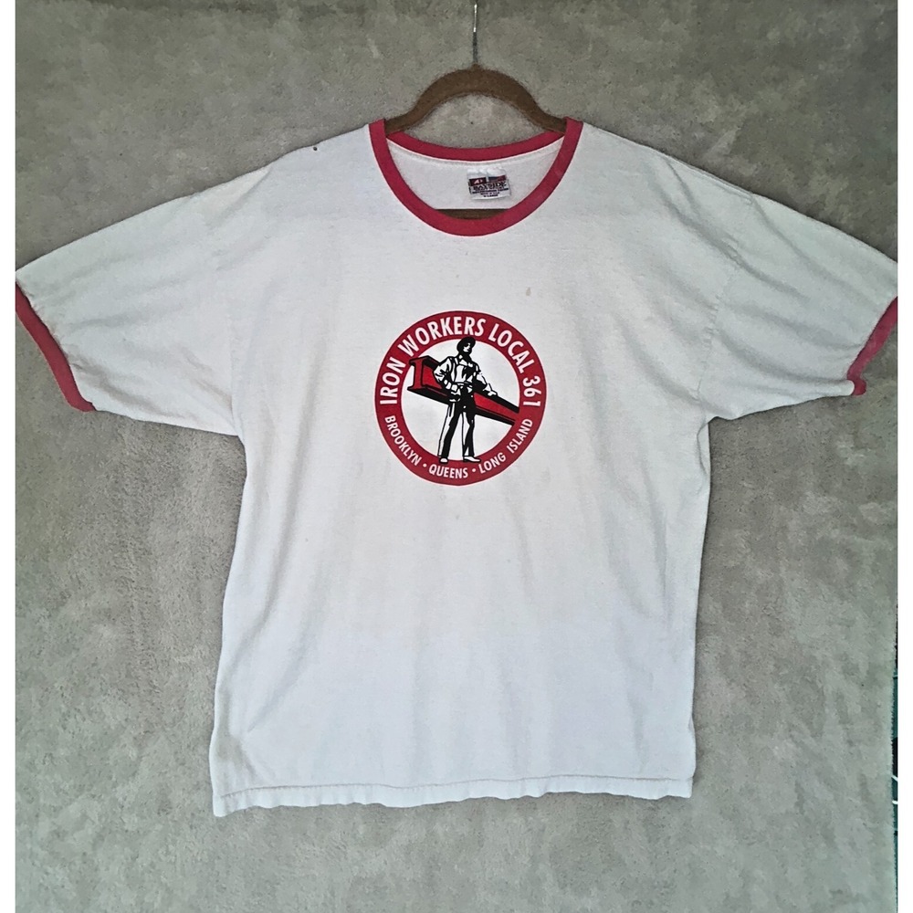 Iron Workers White Ringer T-Shirt Brooklyn Queens L.U. 361 Mens X-Large NOTE